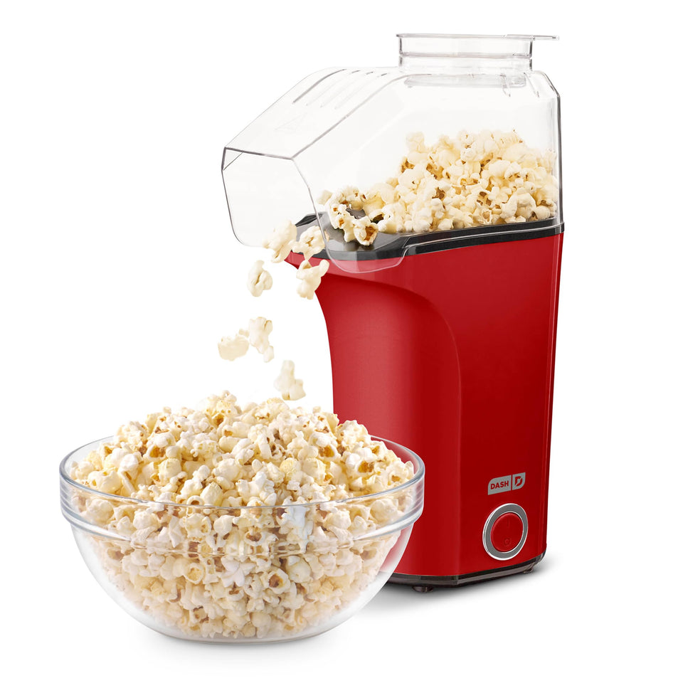 Dash Fresh Pop popcorn maker front view showing oil-free hot air popping for healthier snacking