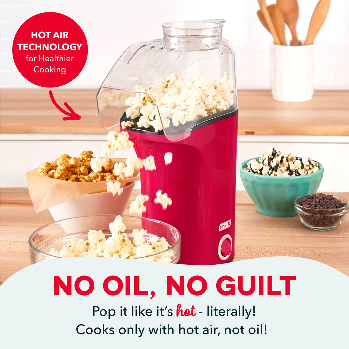 Dash Fresh Pop popcorn maker on a kitchen counter, compact and ready for everyday use