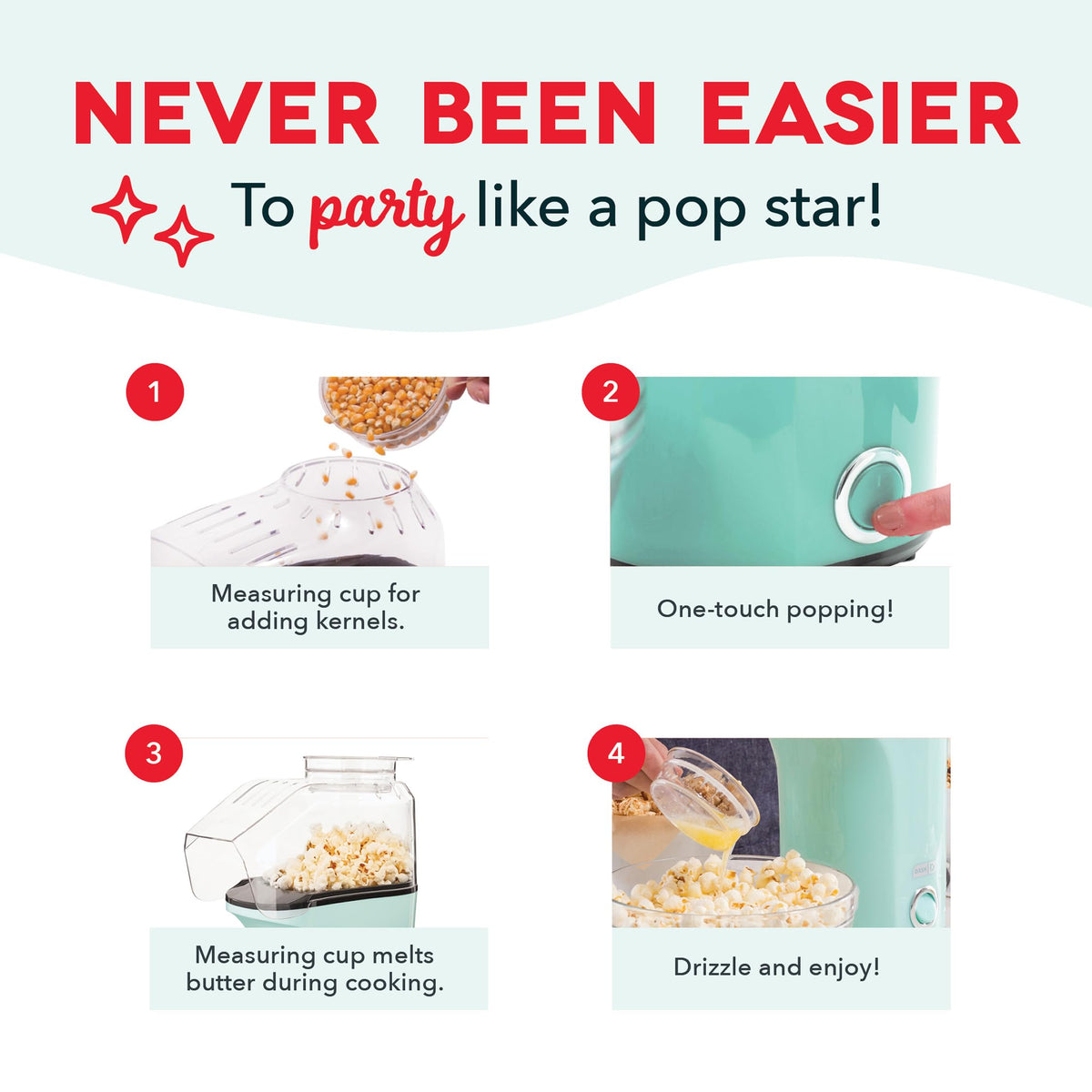 Bowl of freshly popped Dash Fresh Pop popcorn ready for movie night
