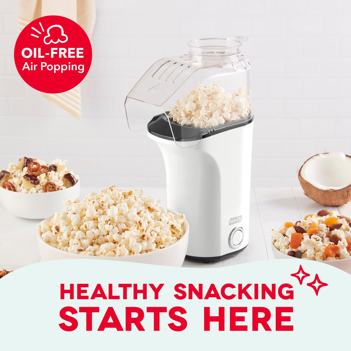 DASH Fresh Pop Popcorn Maker side view shows a compact, countertop-friendly kitchen essential.