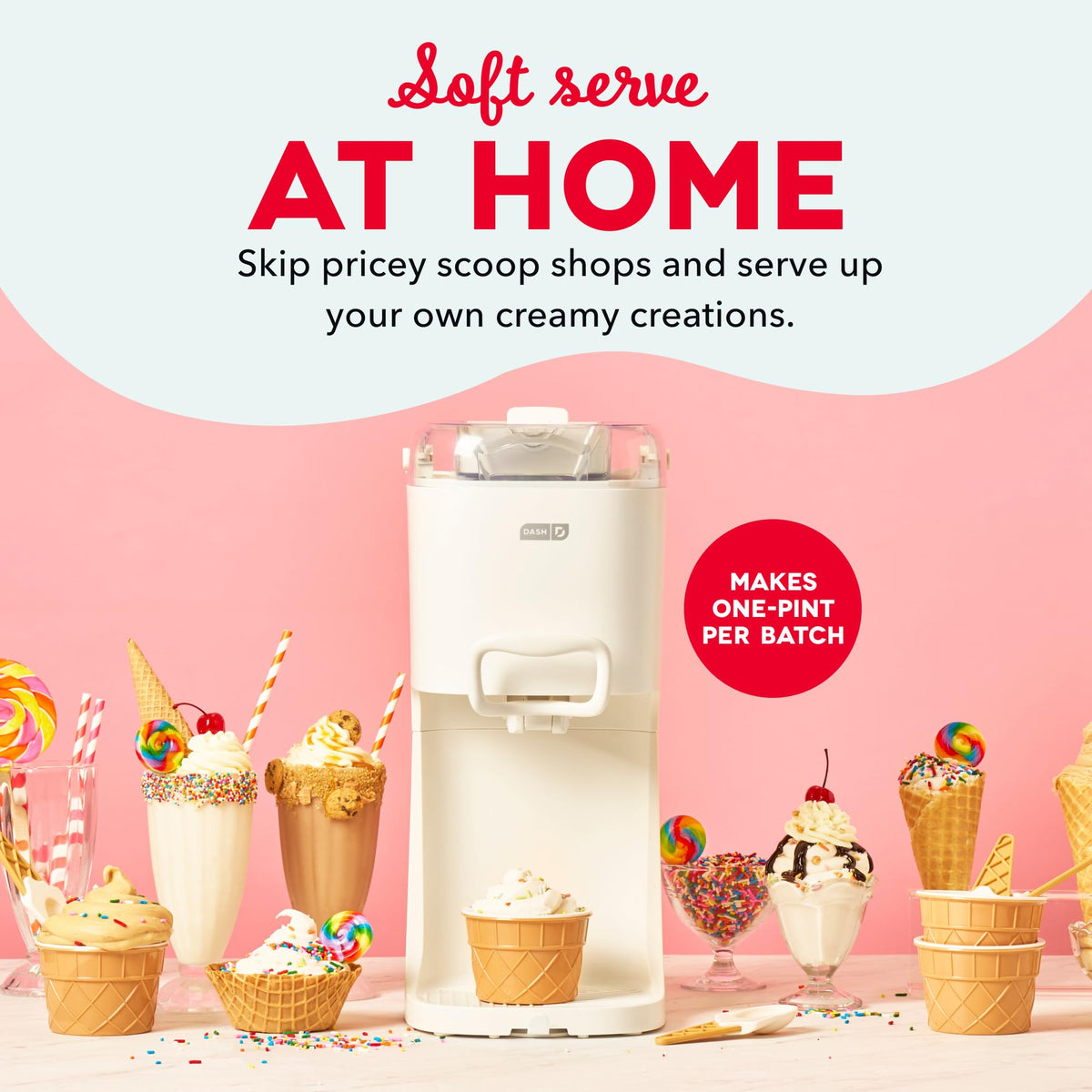 Dash insulated freezer bowl keeps ingredients cold for reliable soft serve.