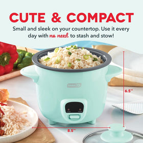 Dash Mini Ceramic Rice Cooker with removable ceramic pot for easy cleaning.