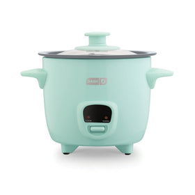 Dash Mini Ceramic Rice Cooker in aqua ceramic finish, ideal for dorms and small kitchens.