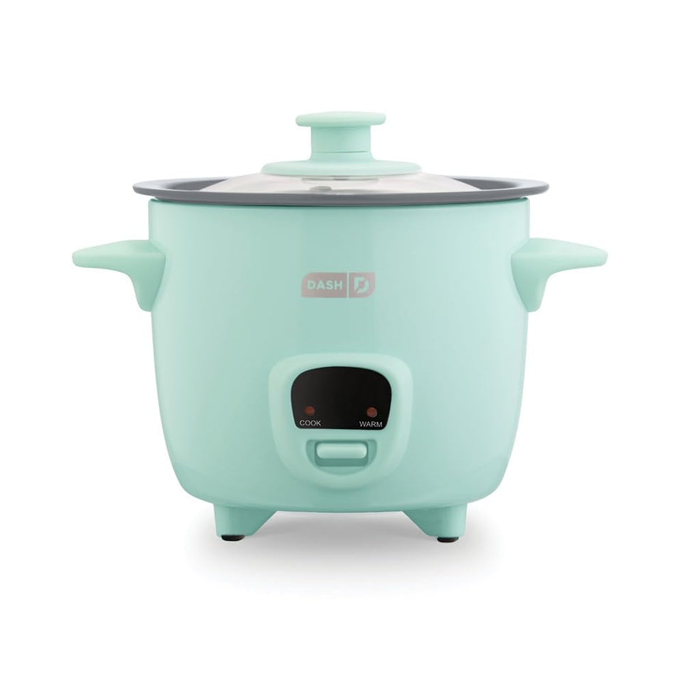 Dash Mini Ceramic Rice Cooker in aqua ceramic finish, ideal for dorms and small kitchens.