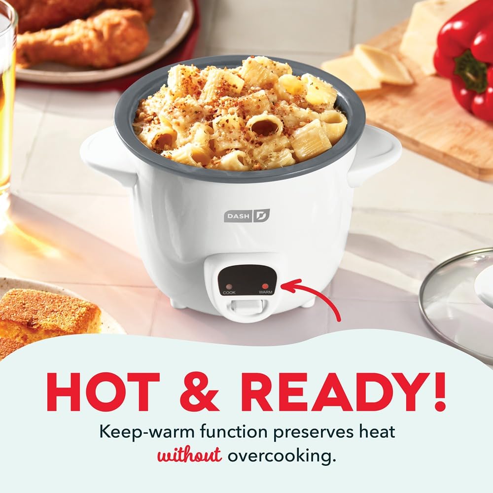 Dash Mini Ceramic Rice Cooker keeps rice fluffy with the keep-warm function.