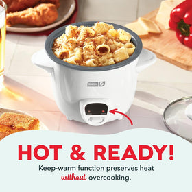 Dash Mini Ceramic Rice Cooker keeps rice fluffy with the keep-warm function.