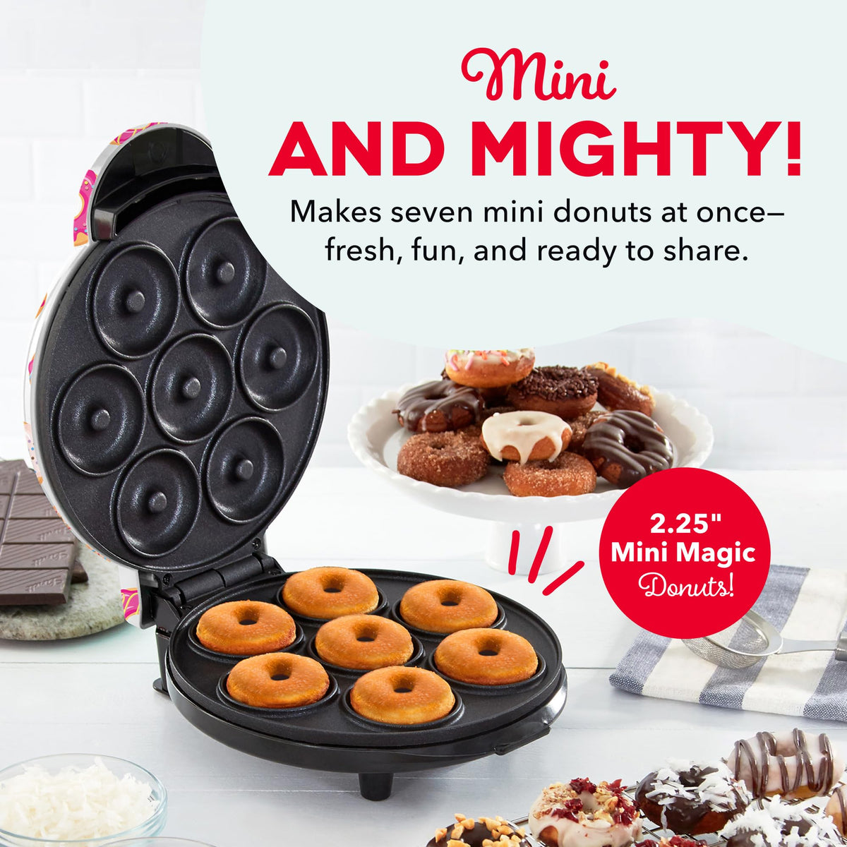 DASH Mini Donut Maker seven-donut batch ready to bake.