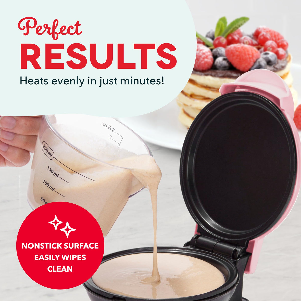 Dash Mini Maker Griddle pink, even heating for consistent results.