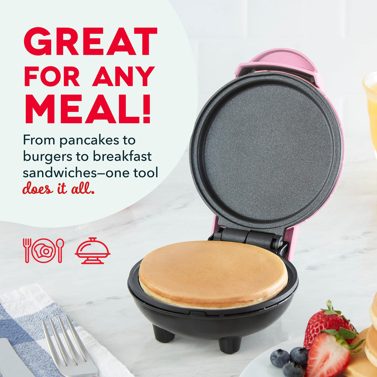 Dash Mini Maker Griddle pink, portable for dorms and travel.