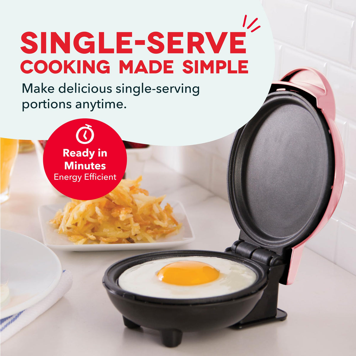 Dash Mini Maker Griddle pink, quick heat-up system for faster meals.