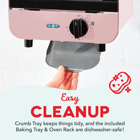 DASH mini toaster oven pink model on counter adds stylish, space-saving appeal.