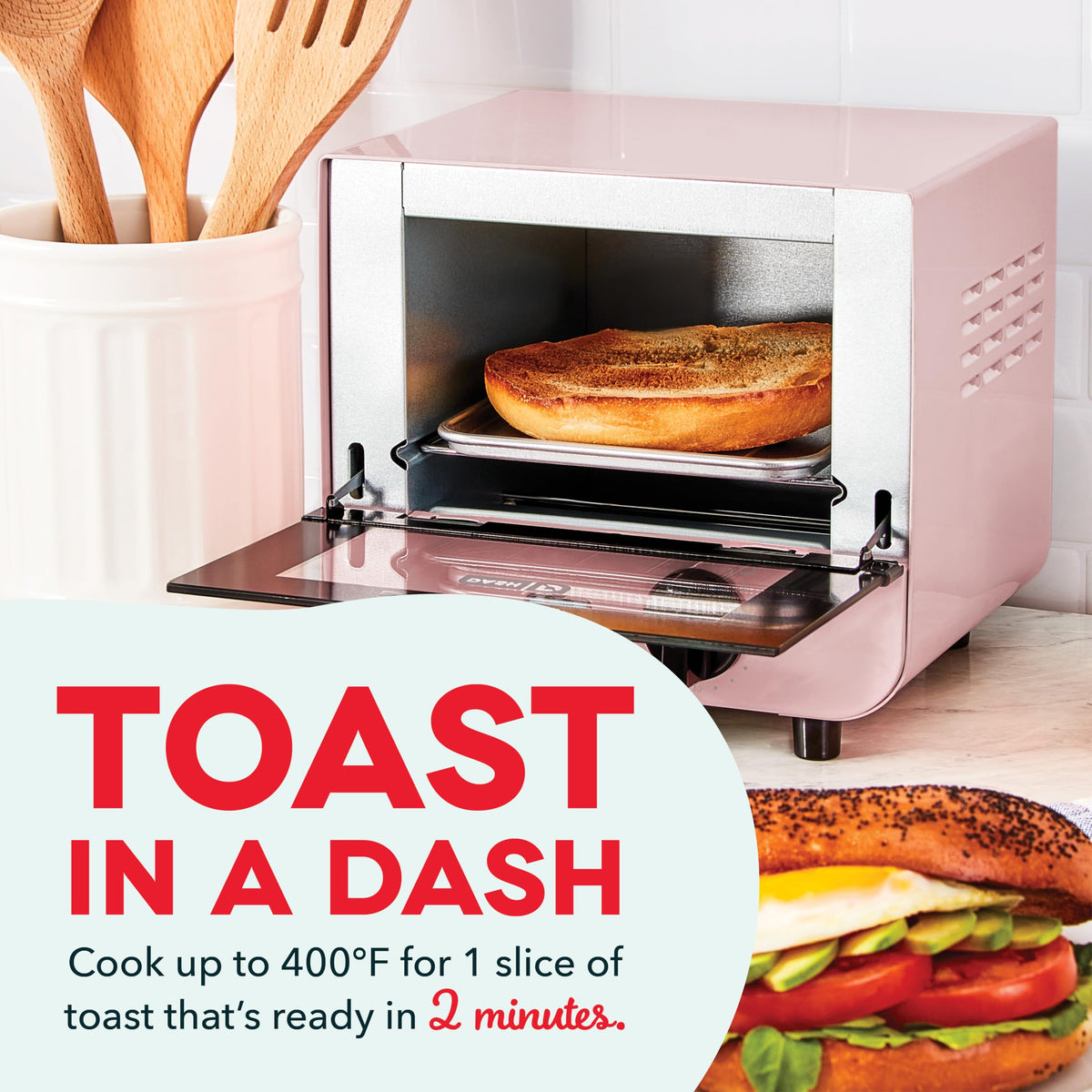 DASH mini toaster oven with removable baking tray demonstrates easy cleanup after cooking.