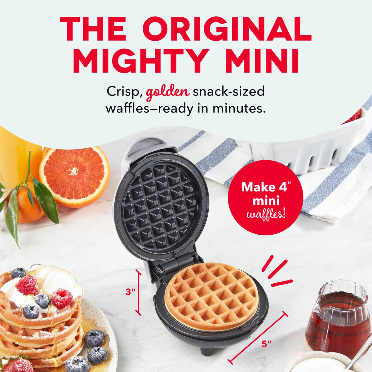 DASH Mini Waffle Maker front angle, ideal on small countertops with easy one-step setup.