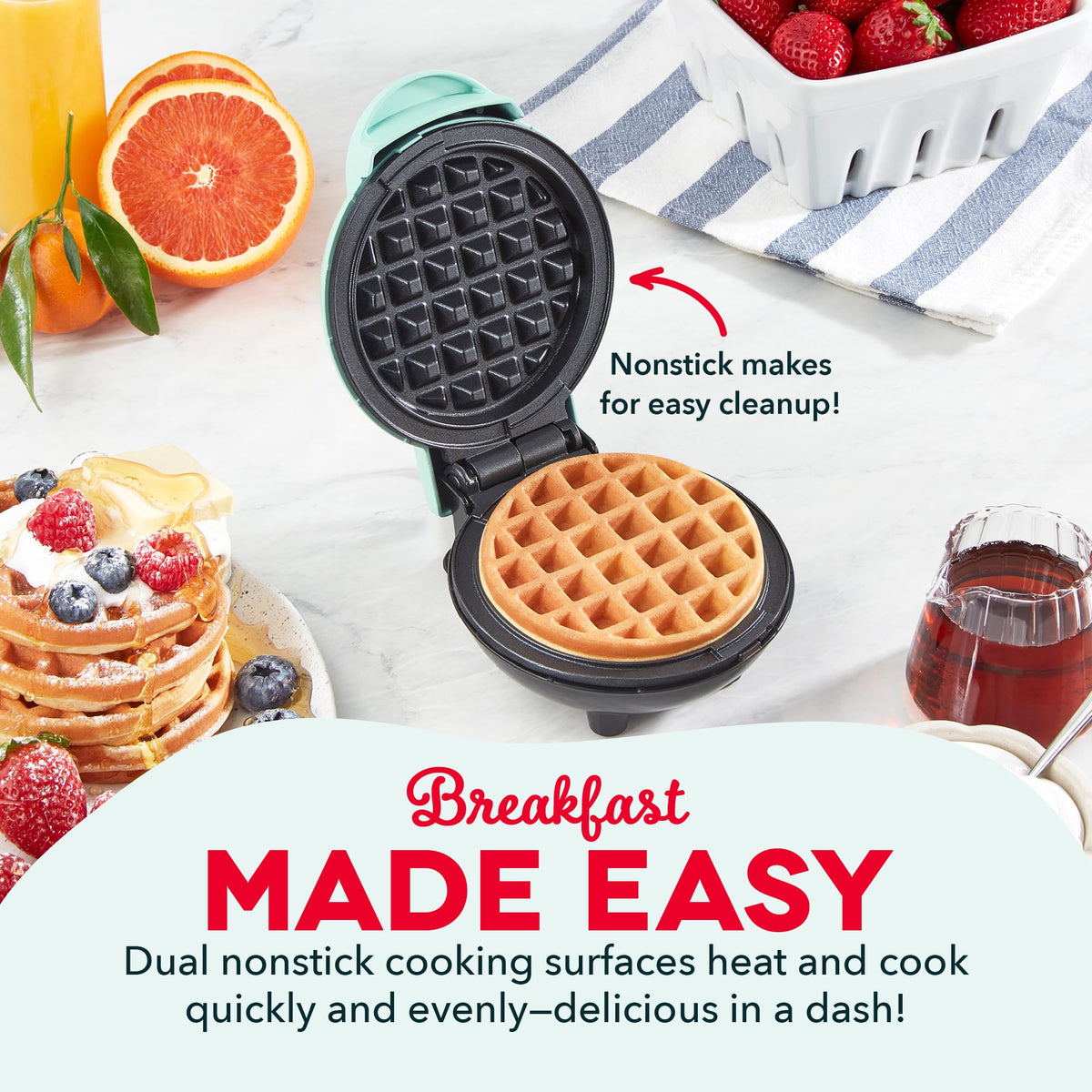 Dash Mini Waffle Maker indicator light confirms when ready for cooking.