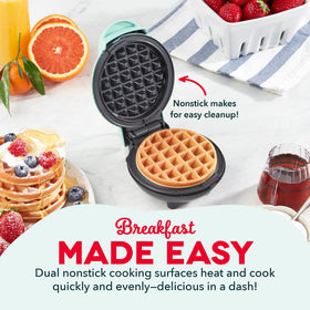 Dash Mini Waffle Maker indicator light confirms when ready for cooking.