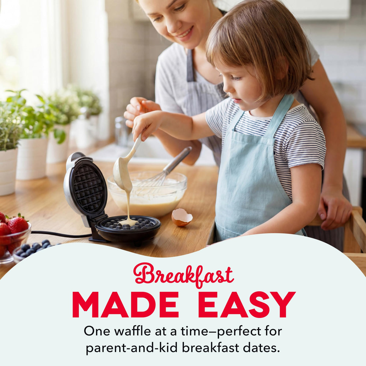 DASH Mini Waffle Maker PTFE nonstick surface, effortless food release for clean meals.