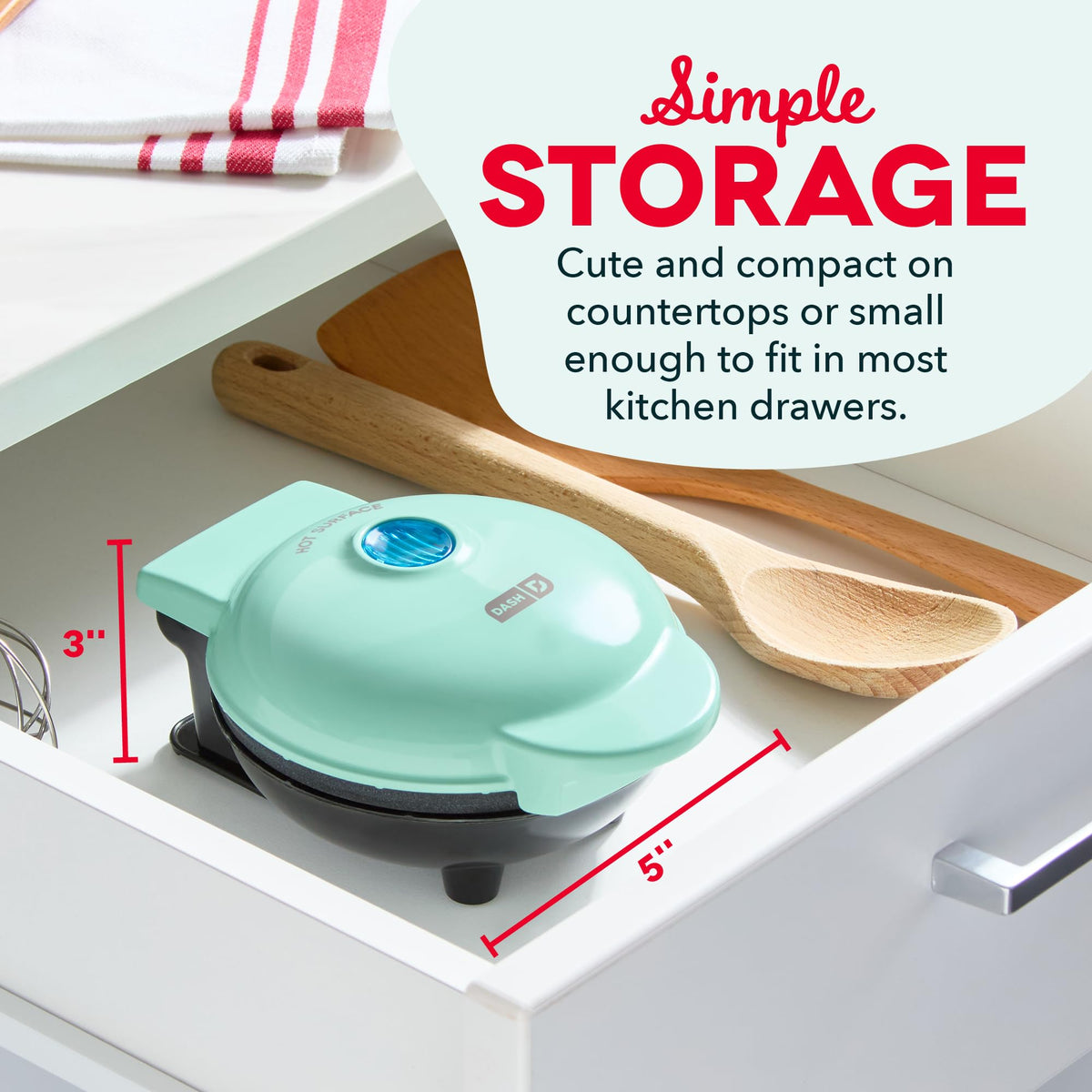 Dash Mini Waffle Maker ready-to-cook scene shows simple setup.
