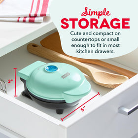 Dash Mini Waffle Maker ready-to-cook scene shows simple setup.