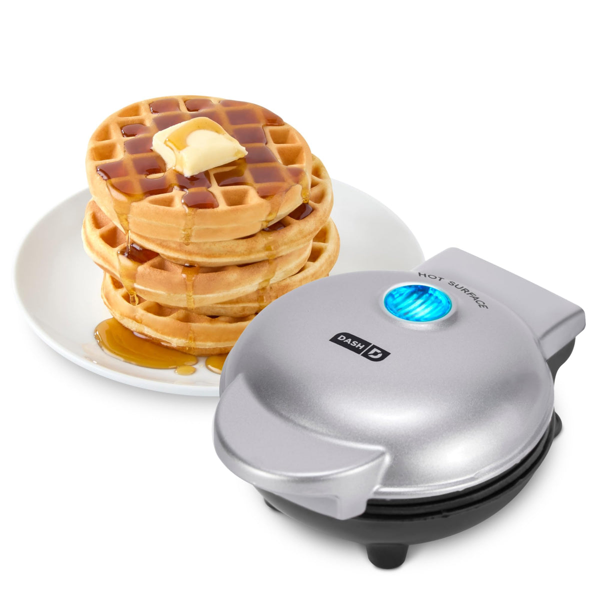 DASH Mini Waffle Maker top view, compact kitchen companion for quick, delicious breakfasts.