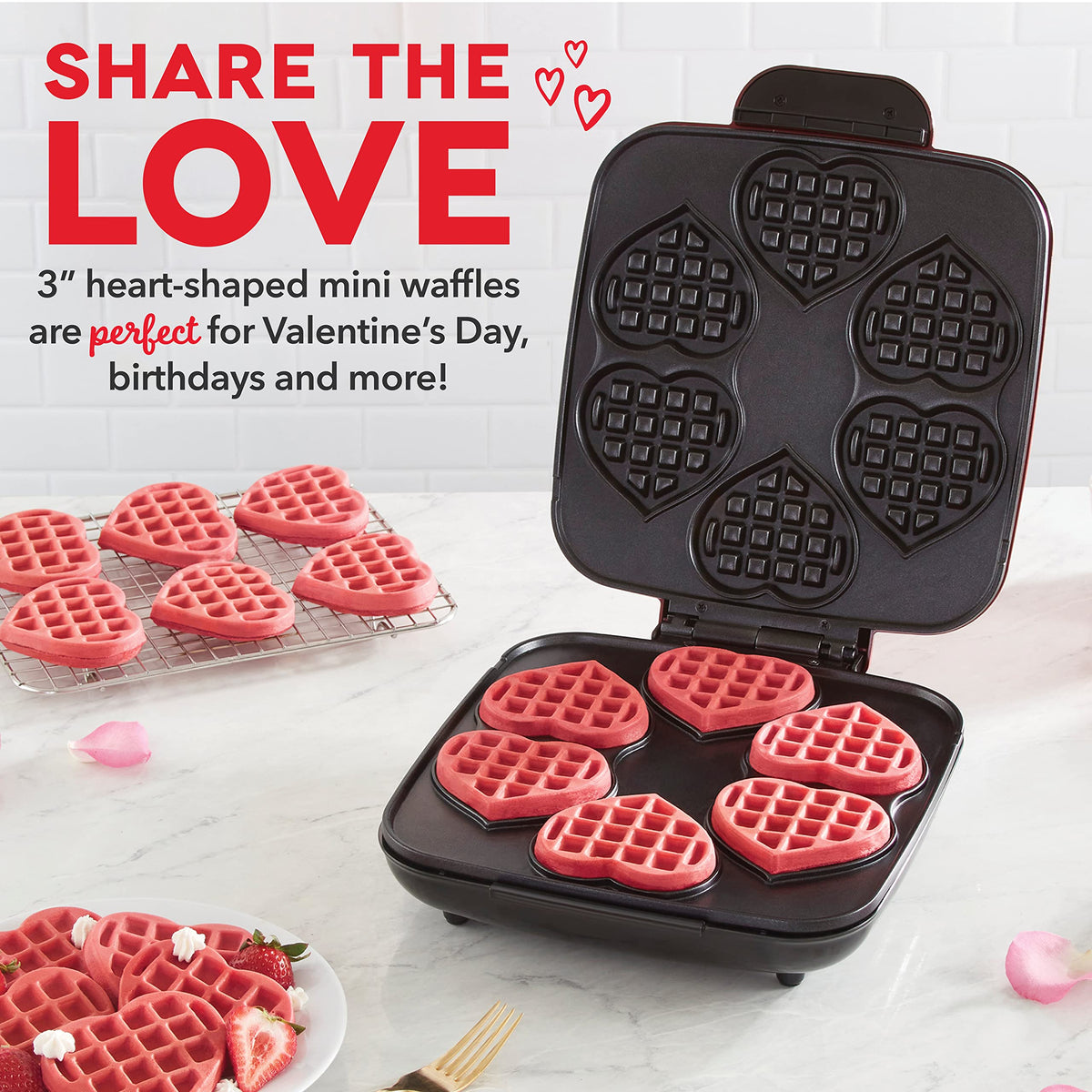 Dash Multi Mini Heart Waffle Maker with dual nonstick plates ensures even browning