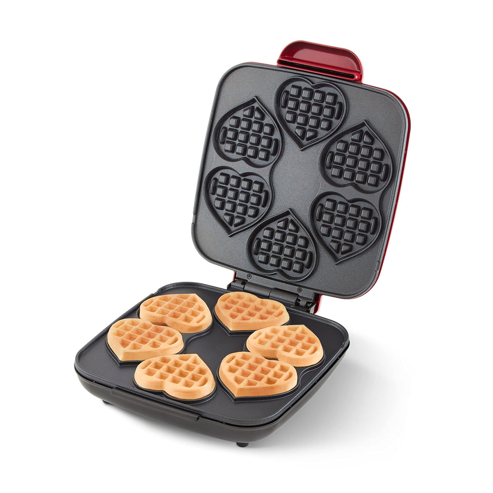 Dash Multi Mini Heart Waffle Maker front view shows compact design for small spaces