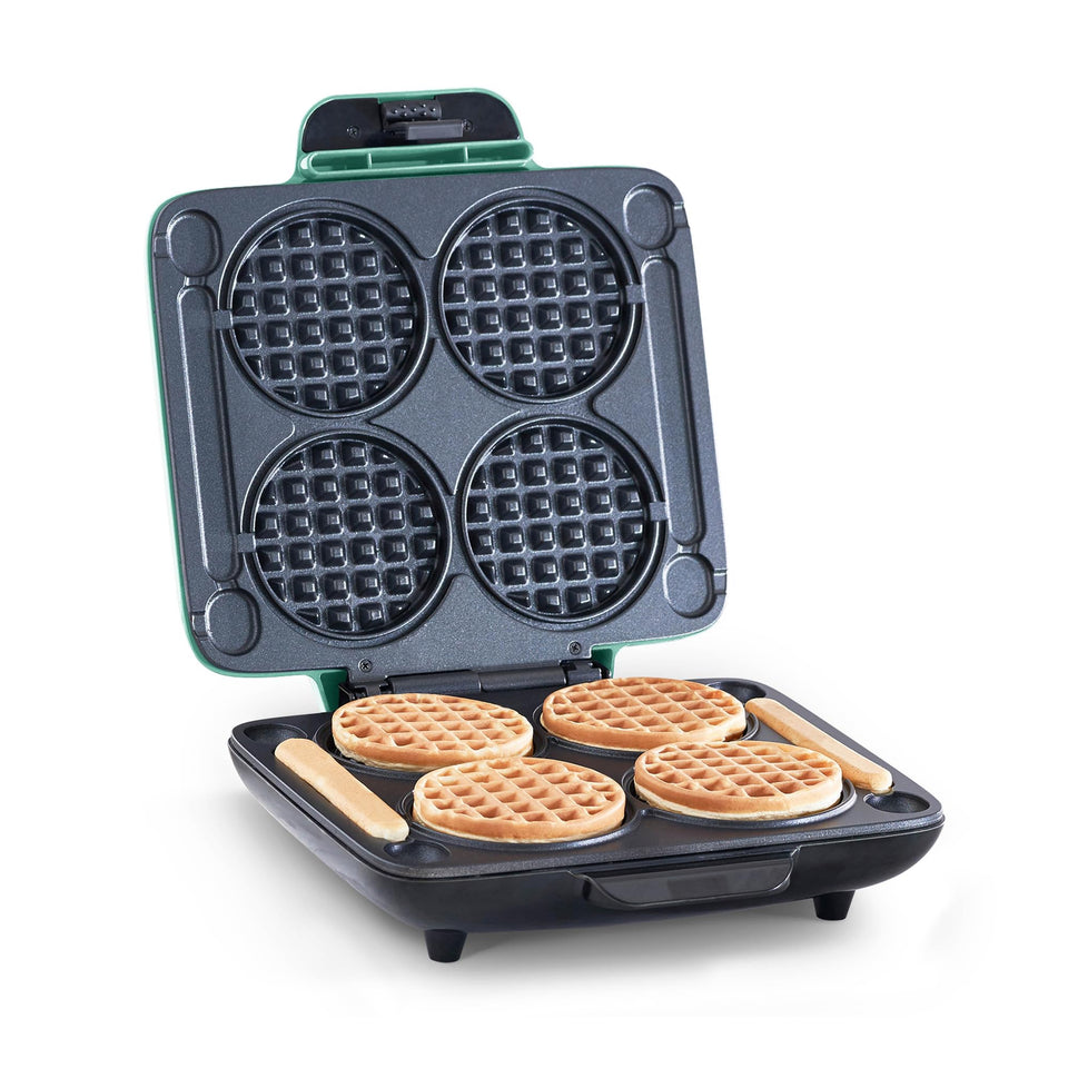 DASH Multi Mini Waffle Maker quad plates on counter for quick family breakfasts