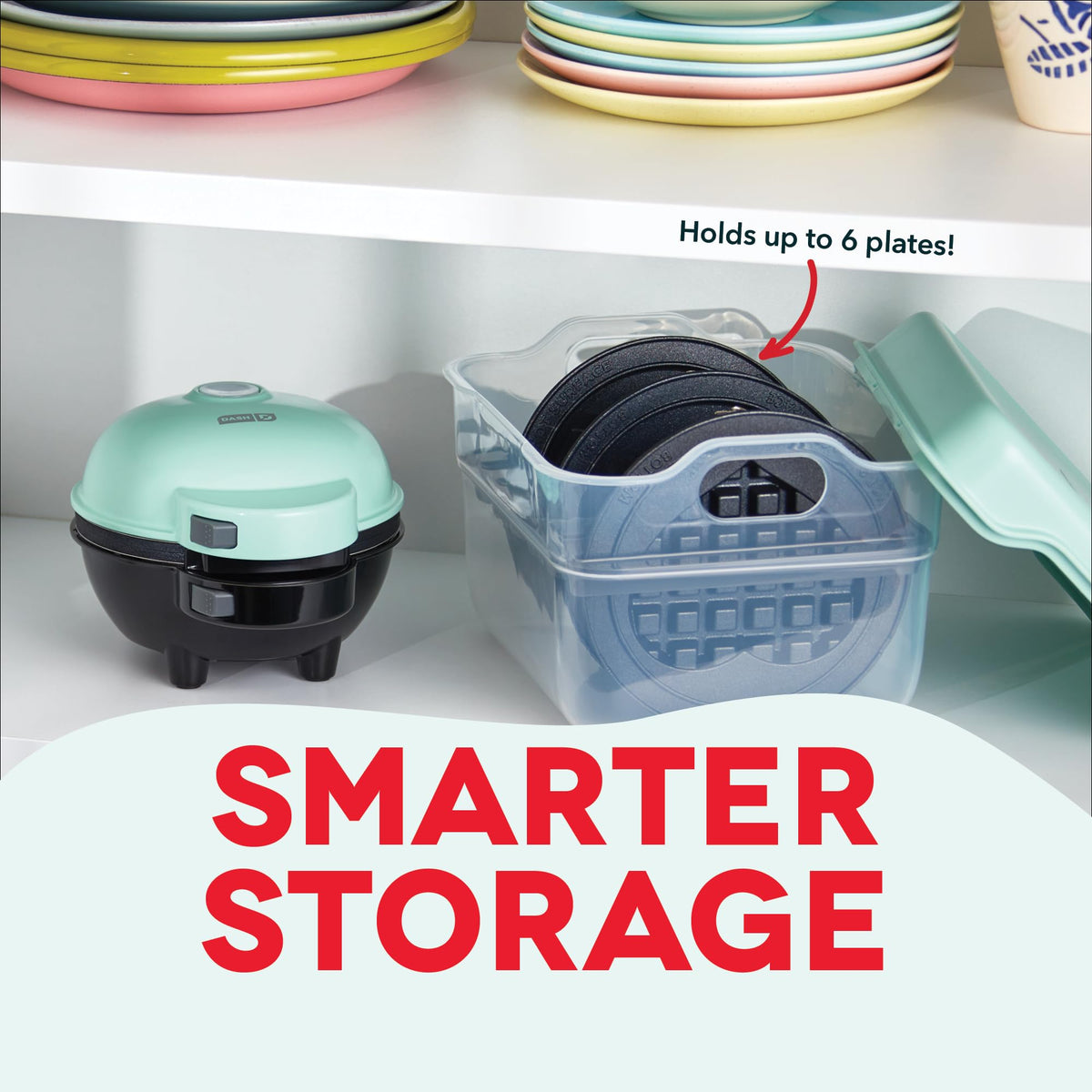 DASH MultiMaker Mini Plate Storage Case with secure lid on countertop for easy access.
