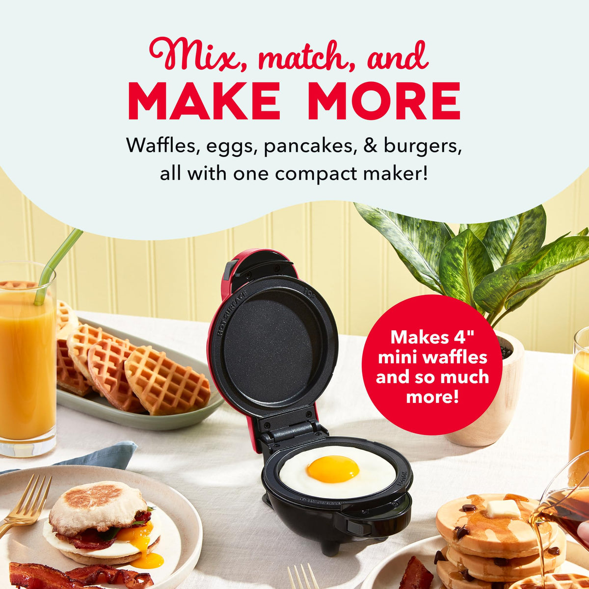 Dash MultiMaker Mini removable plates close-up highlights easy recipe swaps.