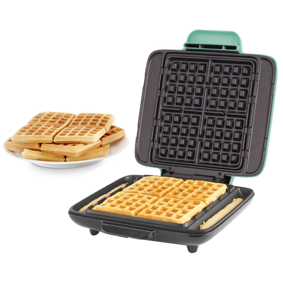 DASH No-Drip Waffle Maker Aqua with drip channels for mess-free batter overflow