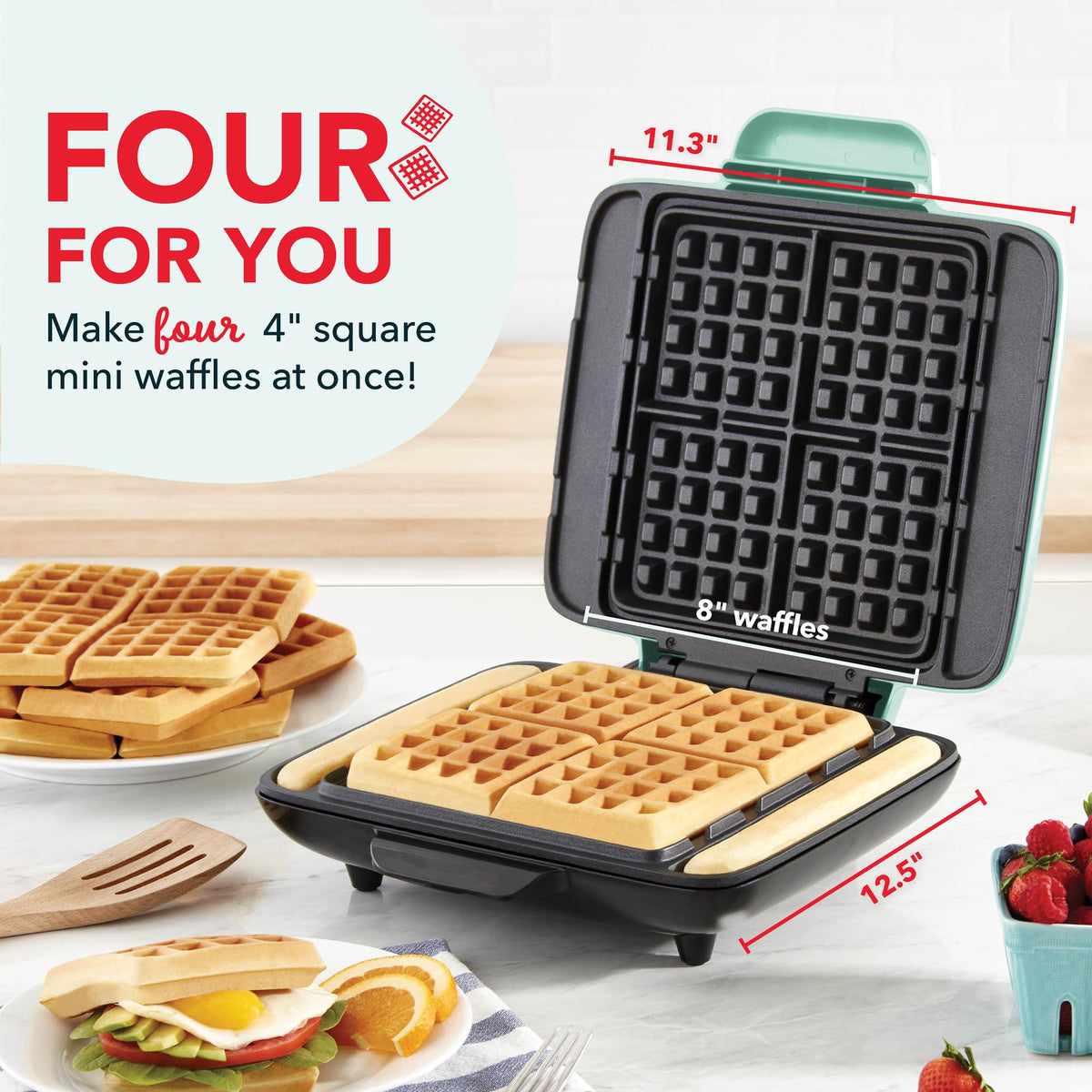 DASH No-Drip Waffle Maker Aqua with easy-release surface for quick cleanup