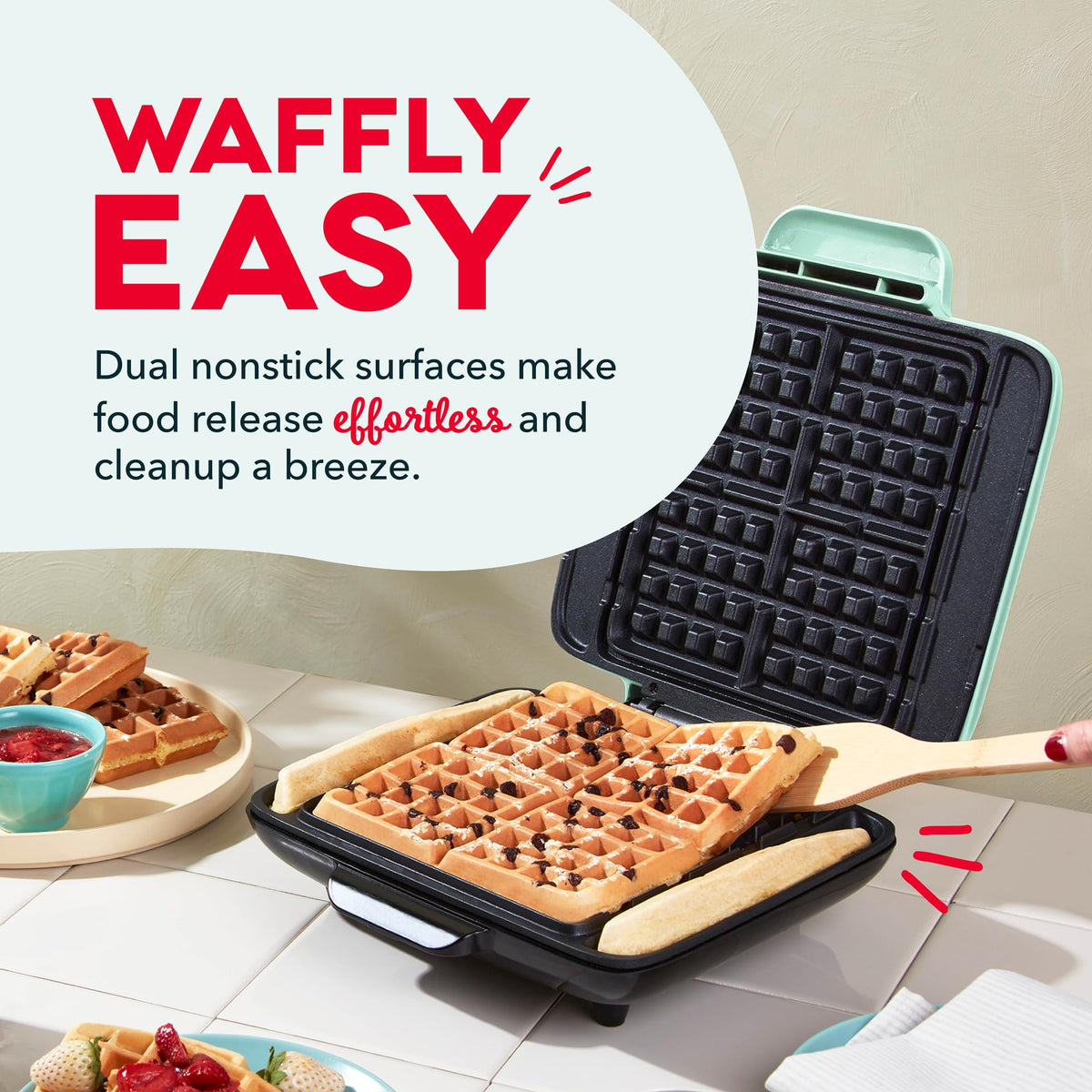 DASH No-Drip Waffle Maker Aqua one-step setup for faster breakfasts