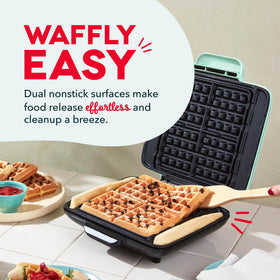 DASH No-Drip Waffle Maker Aqua one-step setup for faster breakfasts