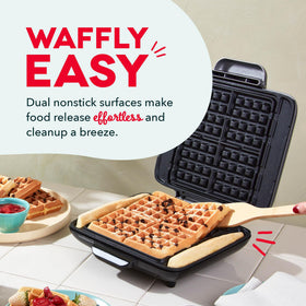 DASH No-Drip overflow-pocket-sides prevent batter drips for a clean counter.
