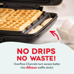 DASH No-Drip quick-heat-up heats surface in minutes for fast breakfasts.