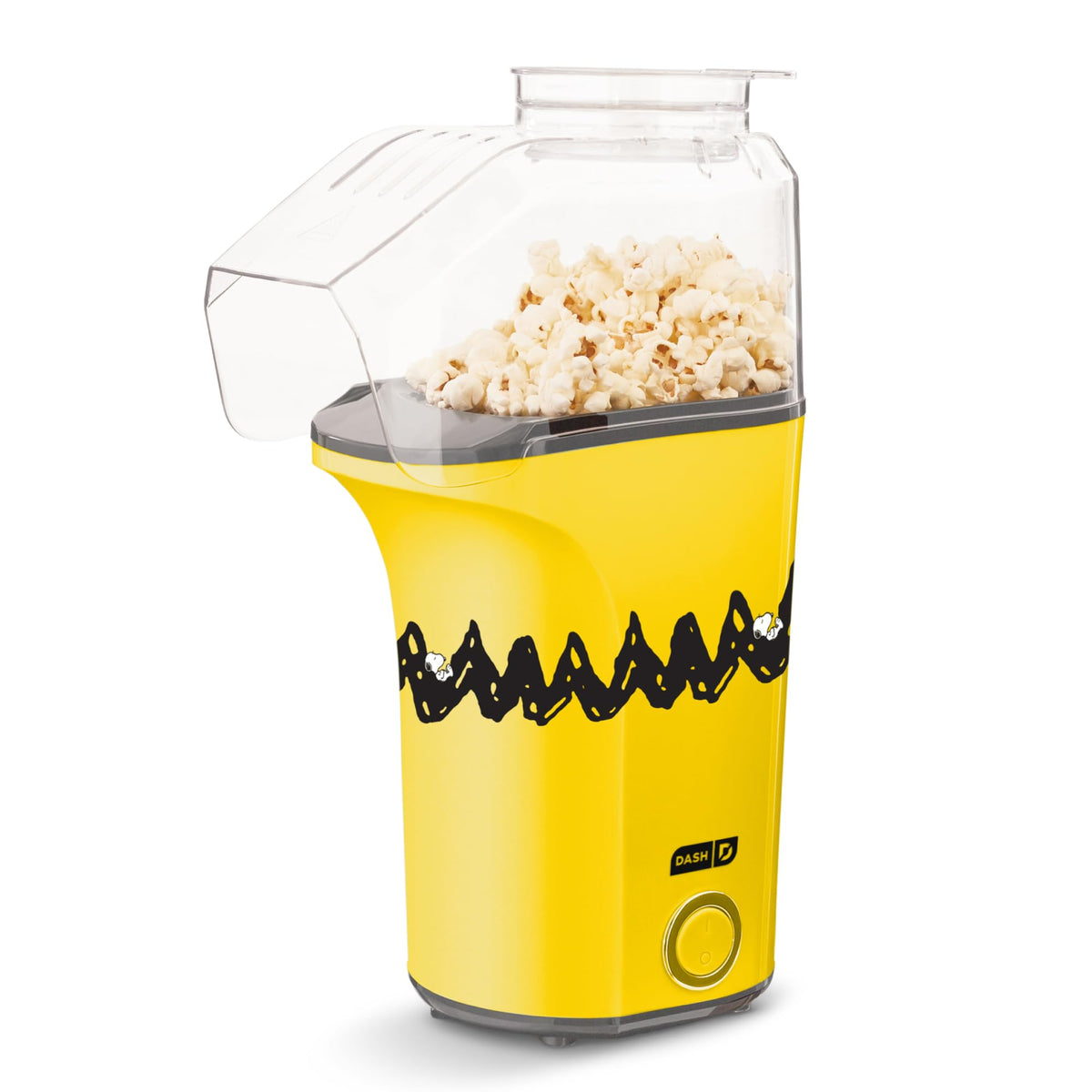 DASH Peanuts Fresh Pop popcorn maker front view, compact design for small spaces.