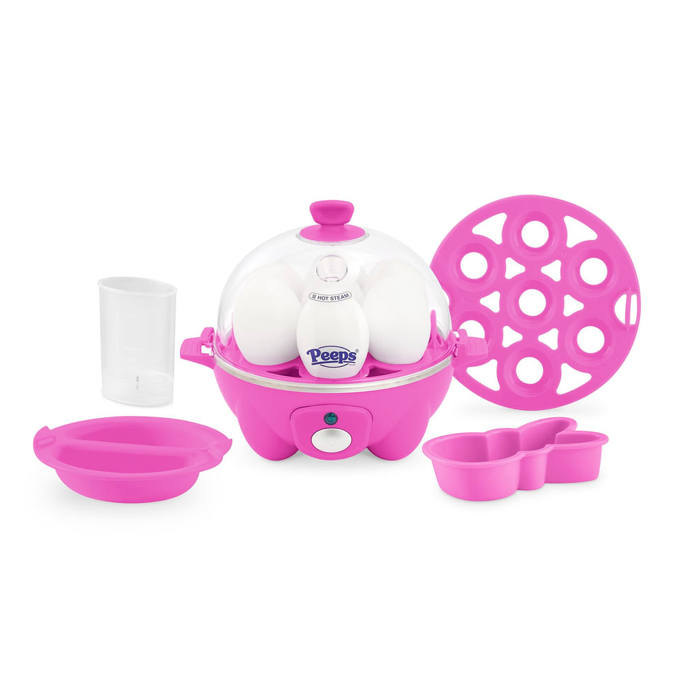 Dash PEEPS rapid egg cooker showing seven-egg capacity for busy mornings