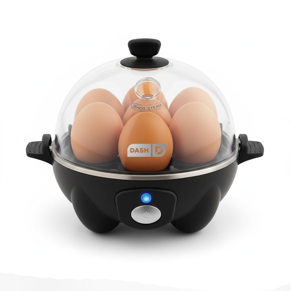 DASH Rapid Egg Cooker compact design on a kitchen counter for easy mornings