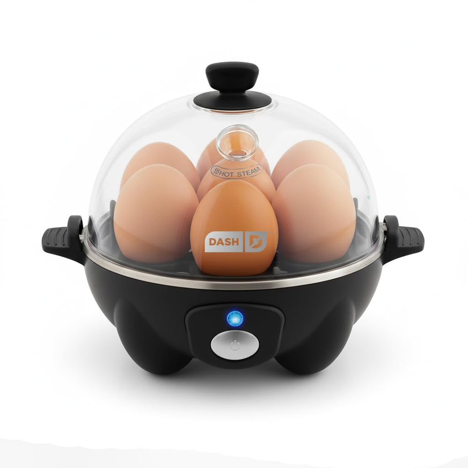 DASH Rapid Egg Cooker compact design on a kitchen counter for easy mornings