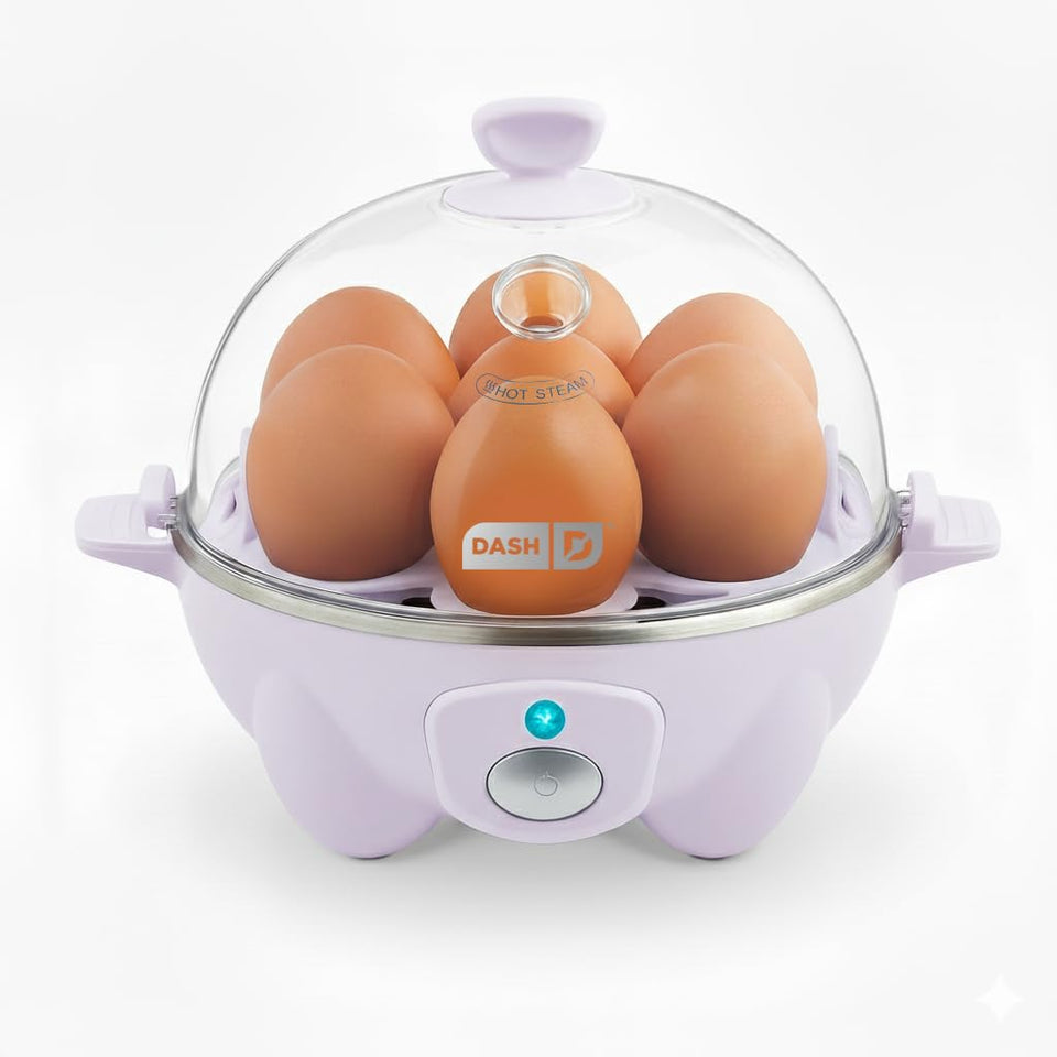 DASH Rapid Egg Cooker Lavender front view for quick seven-egg breakfast prep