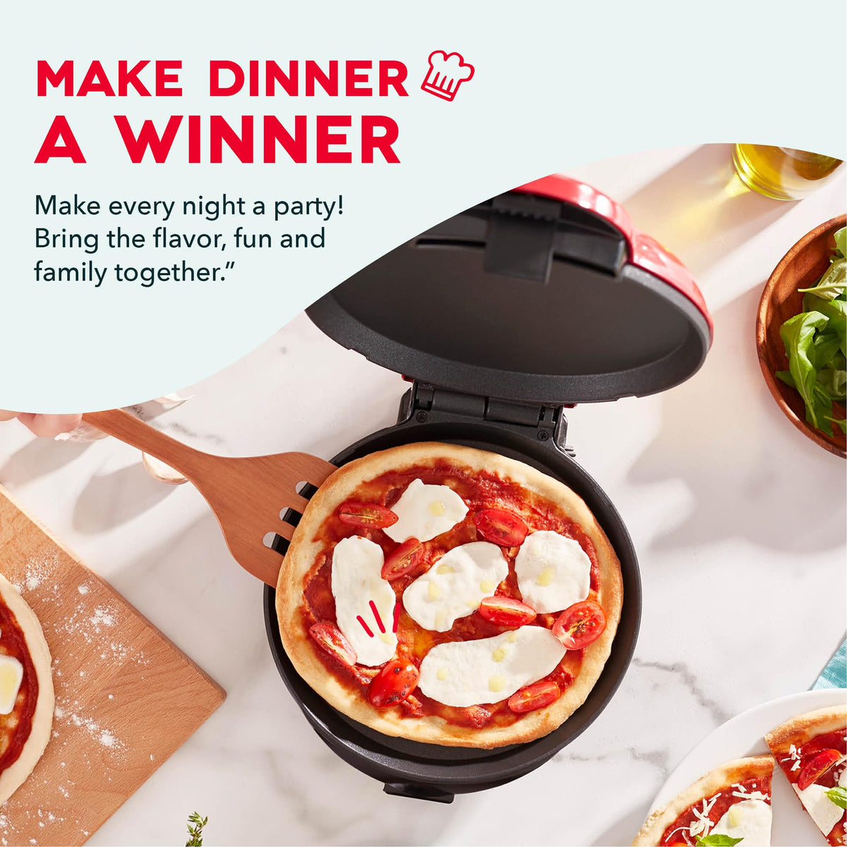 Dash Round Express Easy-Cleanup surfaces let you wipe away crumbs in moments.