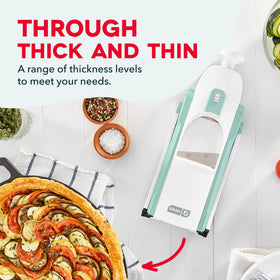 Dash Safe Slice Mandoline adjusts from 1 to 8 mm for versatile cuts.