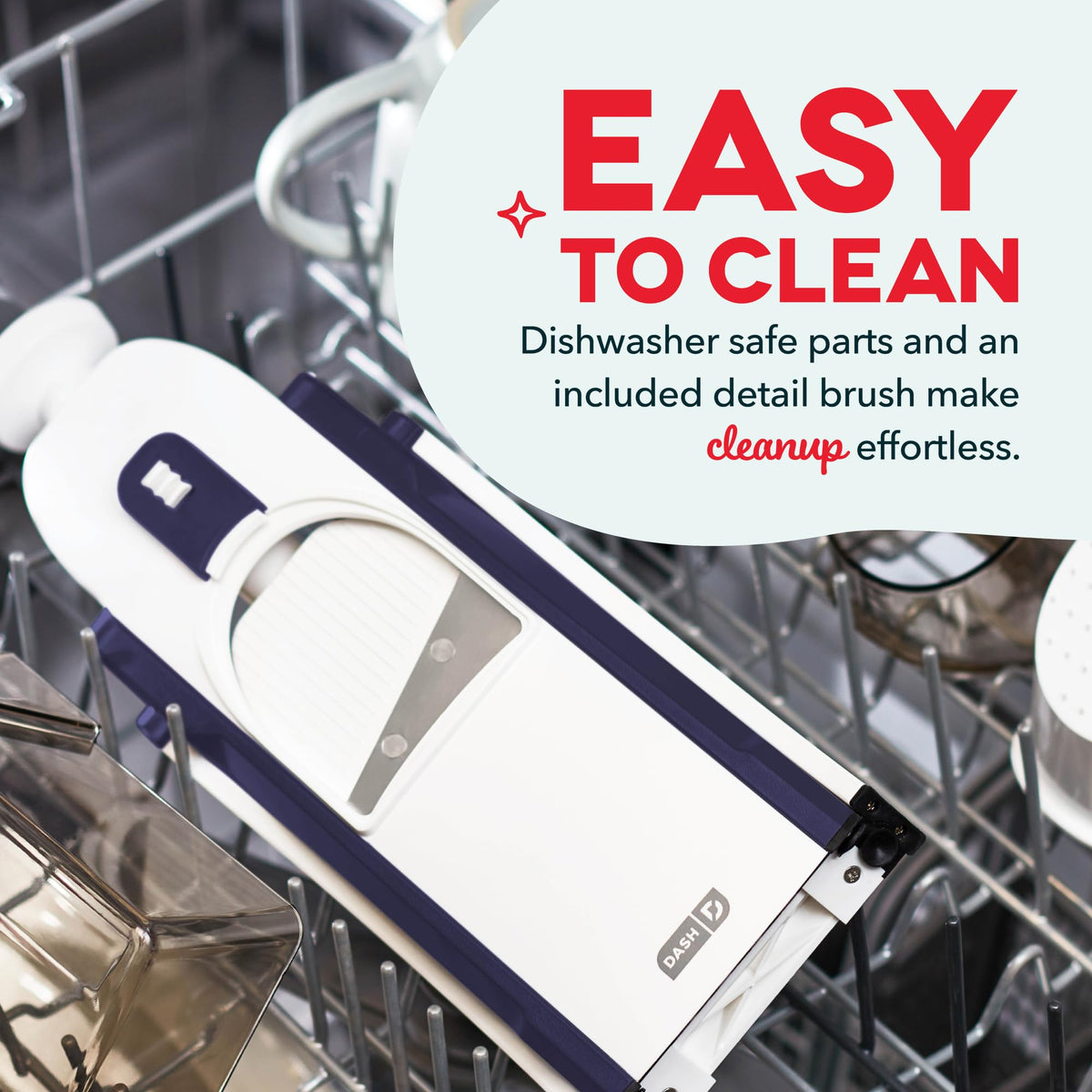 DASH Safe Slice Mandoline dicing action supports uniform cubes quickly.