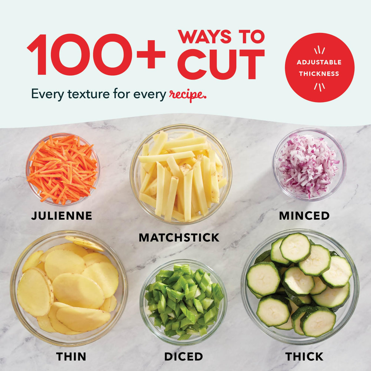Dash Safe Slice Mandoline julienne and dice options for professional-looking results.