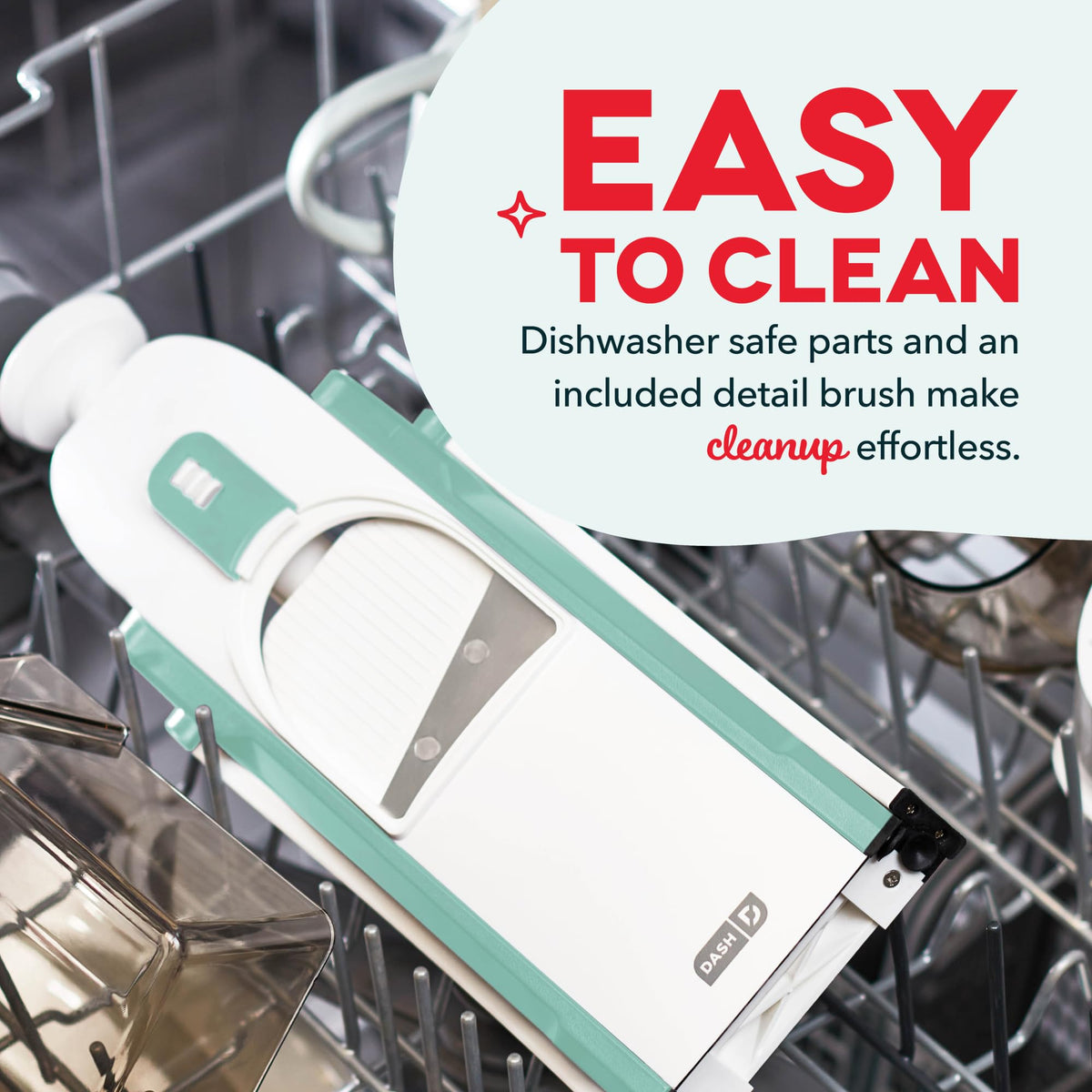 Dash Safe Slice Mandoline with built-in food catcher reduces mess during prep.