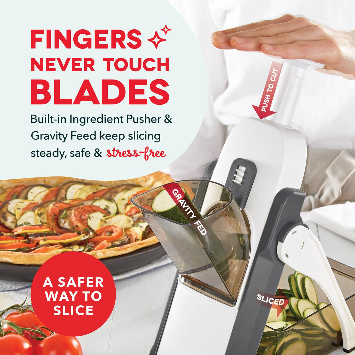 Dash Safe Slice Mandoline thickness adjuster set to 1-8mm for precise slices