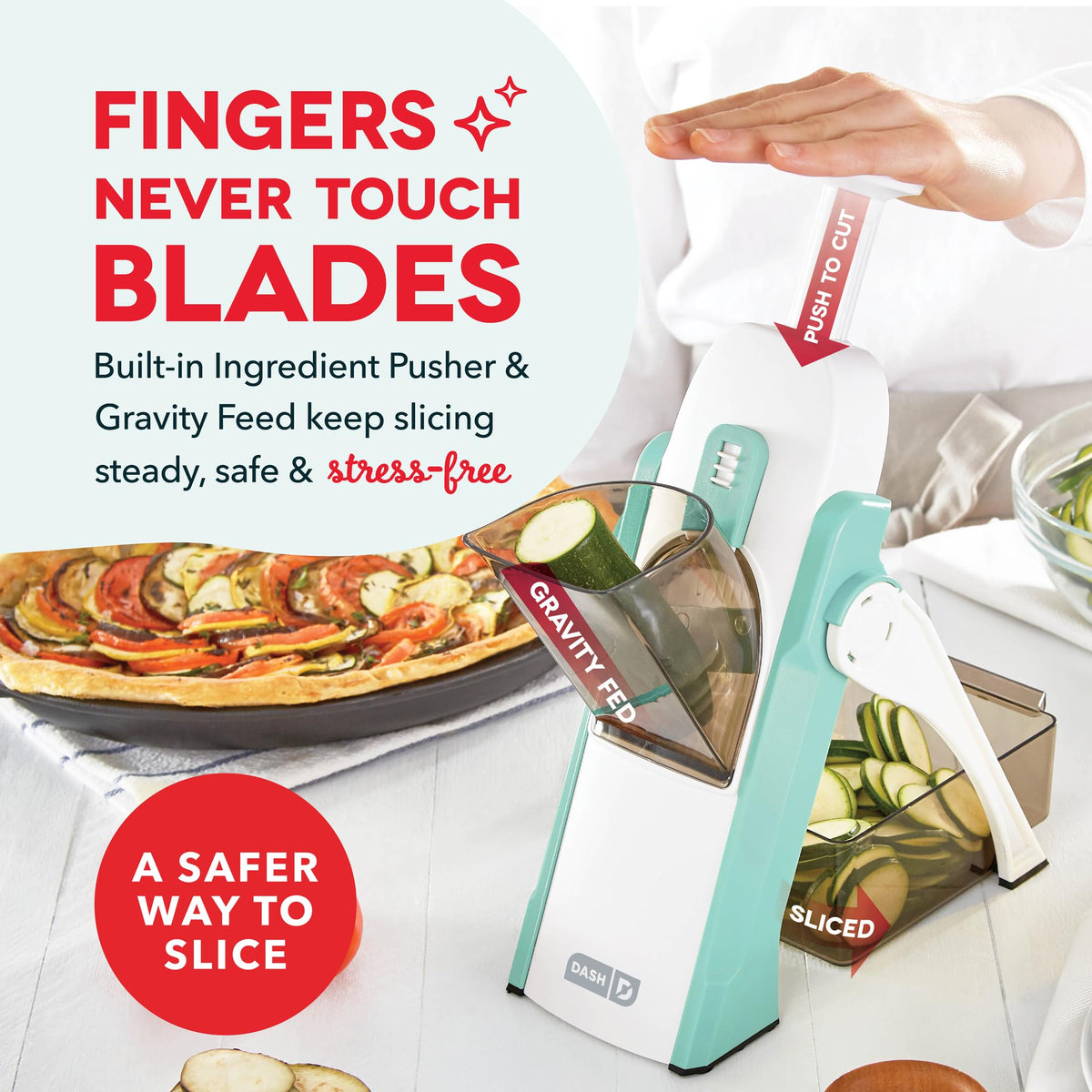 Dash Safe Slice Mandoline producing ultra-thin cucumber slices with 1mm precision.