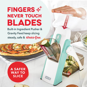 Dash Safe Slice Mandoline producing ultra-thin cucumber slices with 1mm precision.