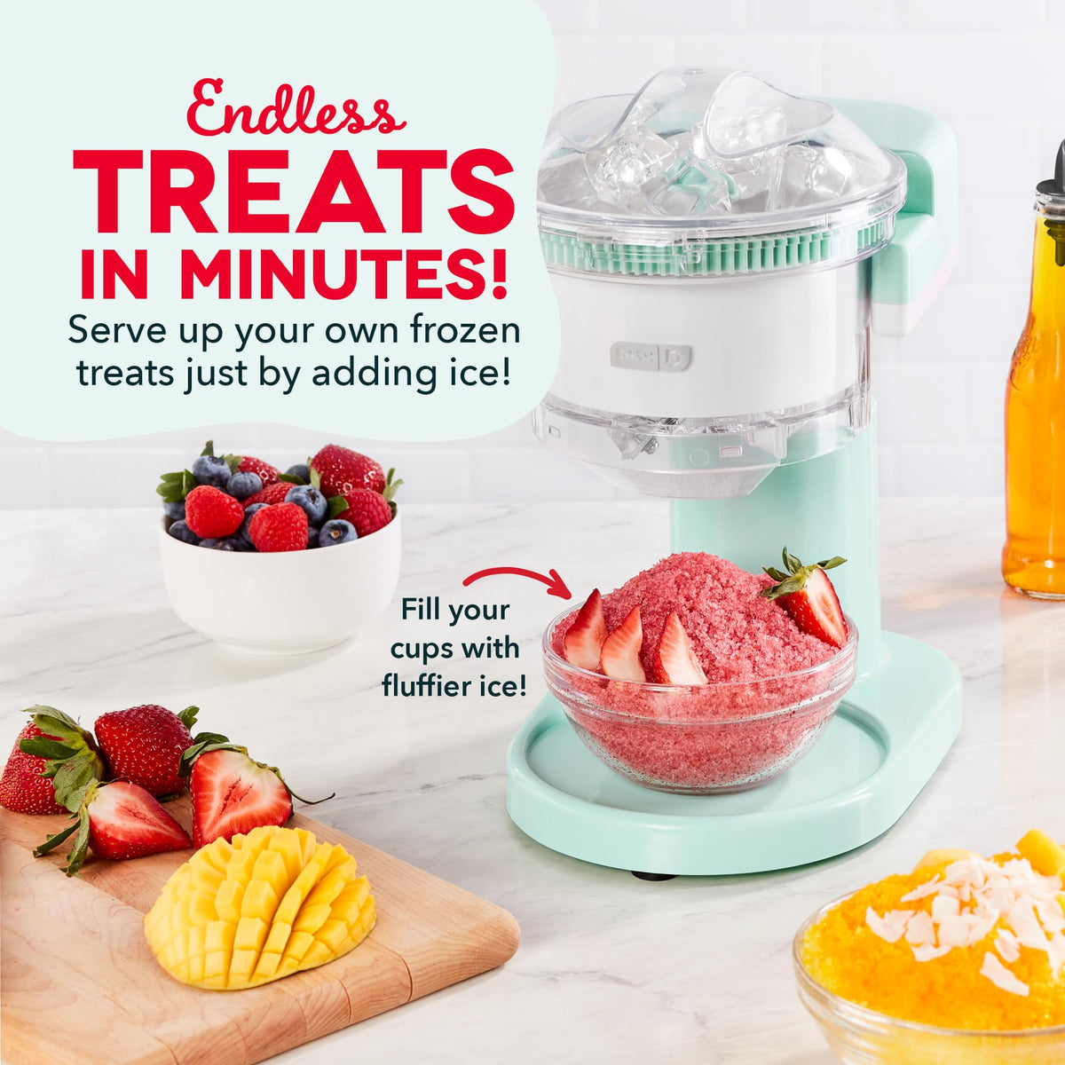 DASH Shaved Ice Maker producing fluffy ice with sharp blades for perfect texture.