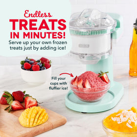 DASH Shaved Ice Maker producing fluffy ice with sharp blades for perfect texture.