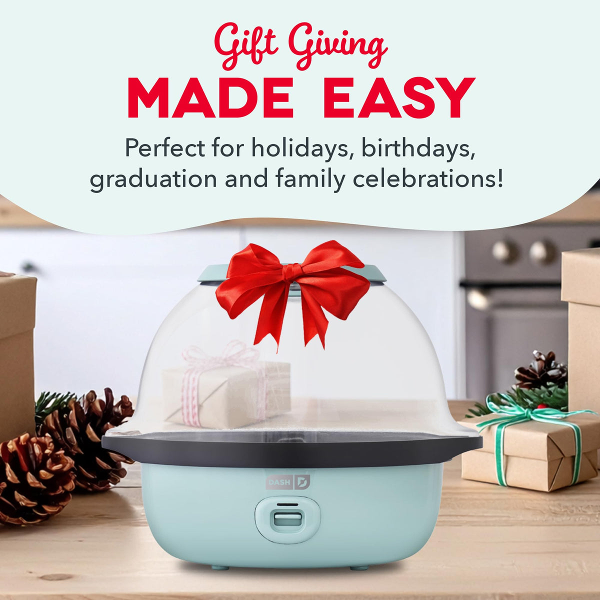Dash SmartStore Deluxe hot oil popcorn maker in action releasing aroma.